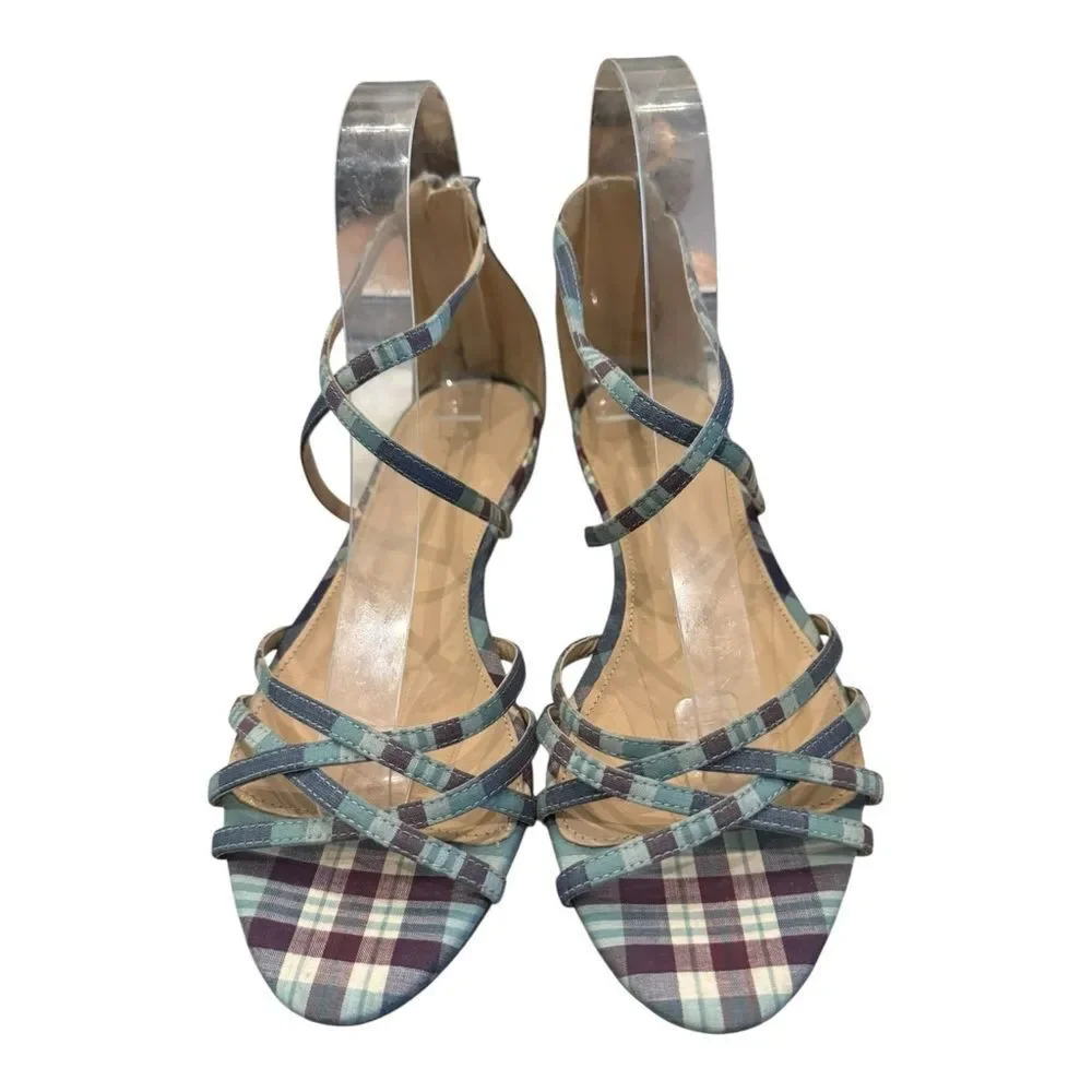 J. Crew Cary Women's Plaid Strappy Mini Wedge Silver Glitter Sandals 6.5